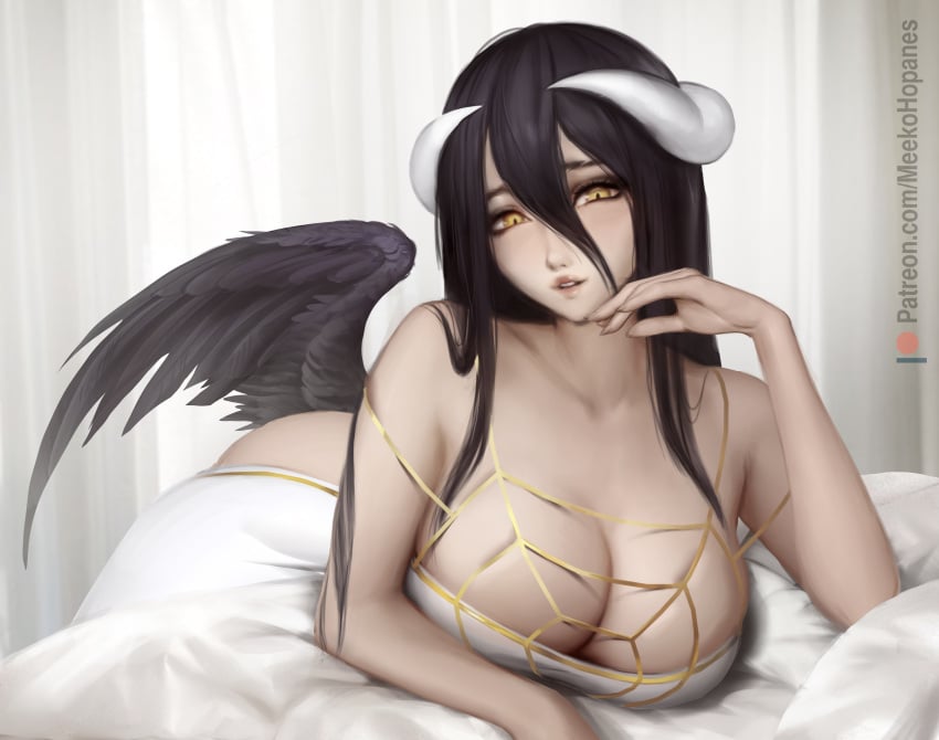 1girls albedo_(overlord) arm_support arm_up ass bed bed_sheet bedding bedroom bedroom_eyes bedroom_setting big_breasts black_hair black_wings bottomless breasts cleavage curvaceous curvy curvy_body curvy_female curvy_figure female gold_trim hair_between_eyes hair_on_breasts hair_over_breasts hair_over_shoulder hand_on_chin hand_up horn horns huge_breasts indoors inside large_breasts laying_down laying_on_bed laying_on_stomach long_hair looking_at_viewer lying lying_down lying_on_bed lying_on_stomach massive_breasts meekohopanes overlord_(maruyama) parted_lips pillow pillows revealing_clothes revealing_outfit sheets straight_hair succubus succubus_horns succubus_wings white_dress white_skin white_skinned_female wings yellow_eyes