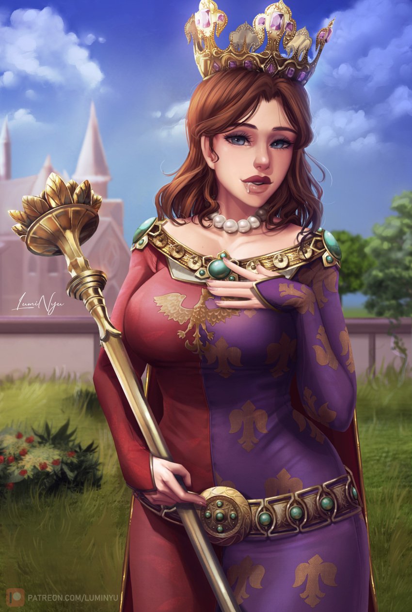 1girls big_breasts blue_eyes breasts brown_hair civilization civilization_vi clothed crown cum cum_drip cum_dripping cum_dripping_down_chin cum_dripping_from_mouth cum_in_mouth cum_on_lips curvaceous curvy curvy_body curvy_female curvy_figure dress female female_focus female_only hair_ornament hand_on_breast hand_on_chest hartman_hips hips history hourglass_figure jadwiga jewelry king large_breasts lips long_hair looking_at_viewer luminyu parted_lips pinup poland public_domain royalty scepter smooth_skin solo solo_focus thick video_game video_game_character video_games voluptuous voluptuous_female