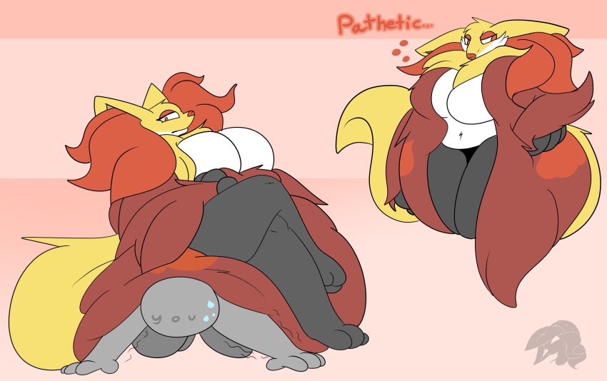 2022 big_breasts breasts castdraws_(artist) delphox female female_focus fox furry nintendo pokémon_(species) pokemon sitting_on_back thick_thighs thighs