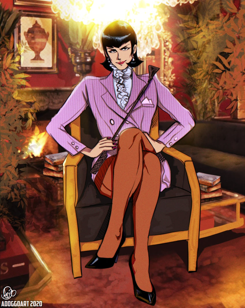 1girls adoggoart bob_cut business_man business_suit dark_hair dark_stockings disguise female femdom formal formal_wear gundam high_heels jewelry kycilia_zabi light-skinned_female light_skin looking_at_viewer mobile_suit_gundam older_woman red_lipstick riding_crop secretary sitting_down sitting_in_chair smiling stockings thighs villainess