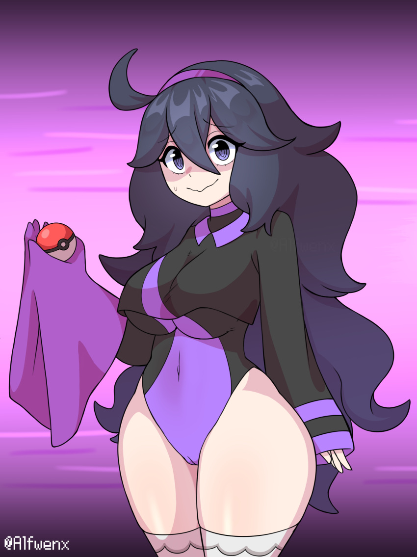 1girls alfwenx big_breasts breasts cameltoe female female_focus female_only game_freak hairband hex_maniac leotard light_skin long_hair nintendo pokemon pokemon_(game) pokemon_xy purple_eyes purple_hair smile solo standing sweat thick_thighs thighs wide_hips