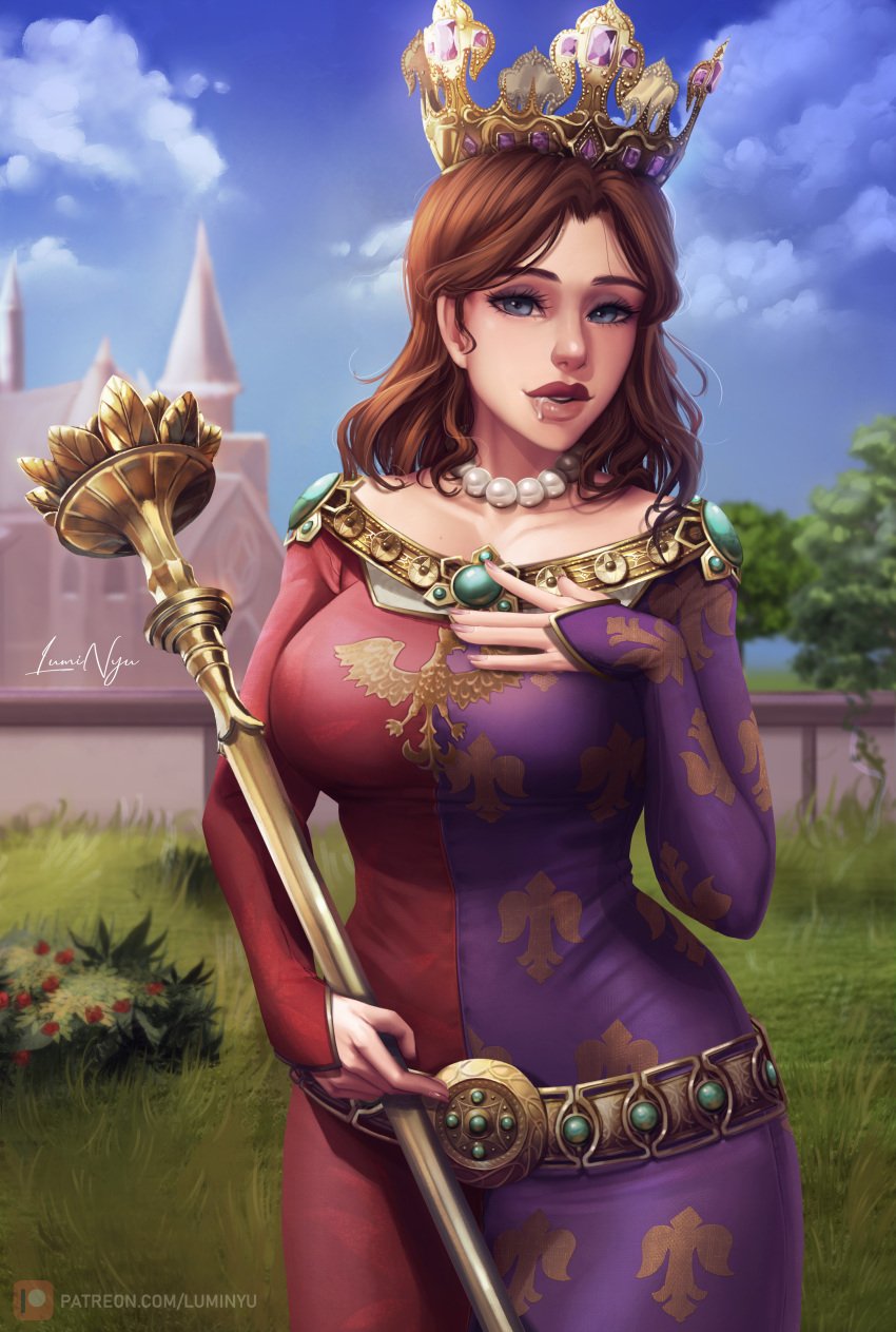 1girls big_breasts blue_eyes breasts brown_hair civilization civilization_vi clothed crown cum cum_drip cum_dripping cum_dripping_down_chin cum_dripping_from_mouth cum_in_mouth cum_on_lips curvaceous curvy curvy_body curvy_female curvy_figure dress female female_focus female_only hair_ornament hand_on_breast hand_on_chest hartman_hips hips history hourglass_figure jadwiga jewelry king large_breasts lips long_hair looking_at_viewer luminyu parted_lips pinup poland public_domain royalty scepter smooth_skin solo solo_focus thick video_game video_game_character video_games voluptuous voluptuous_female