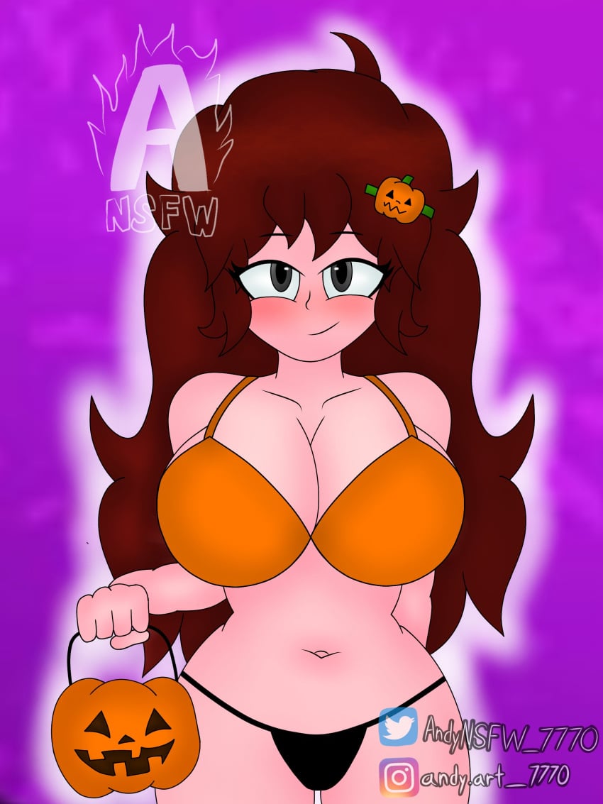 1girls andynsfw_7770 anime_style background basket big_breasts blush bra curvy female female_only friday_night_funkin girlfriend_(friday_night_funkin) hair_ornament halloween long_hair panties redraw signature thick_thighs