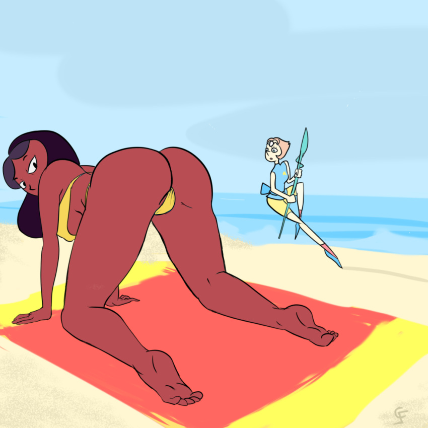 2girls alien artist_request ass beach bent_over bikini cartoon_network dark-skinned_female eyewear_on_head female human long_hair looking_back multiple_girls pearl pearl_(steven_universe) priyanka_maheswaran short_hair steven_universe sunglasses sunglasses_on_head tagme thong