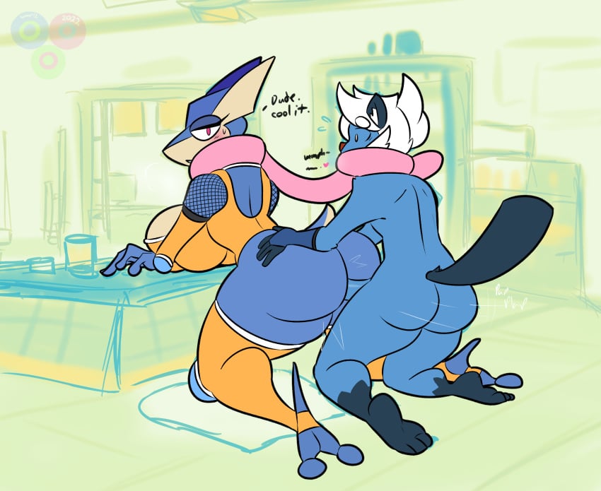 anthro anthro_on_anthro anthro_penetrated anthro_penetrating anthro_penetrating_anthro ass big_breasts big_butt blue-body breasts bubble_butt clothing dewott female female_penetrated generation_5_pokemon generation_6_pokemon genitals greninja hambor12 hi_res legwear male male/female male_penetrating male_penetrating_female nintendo penetration penis pokemon pokemon_(species) sex thigh_highs video_games