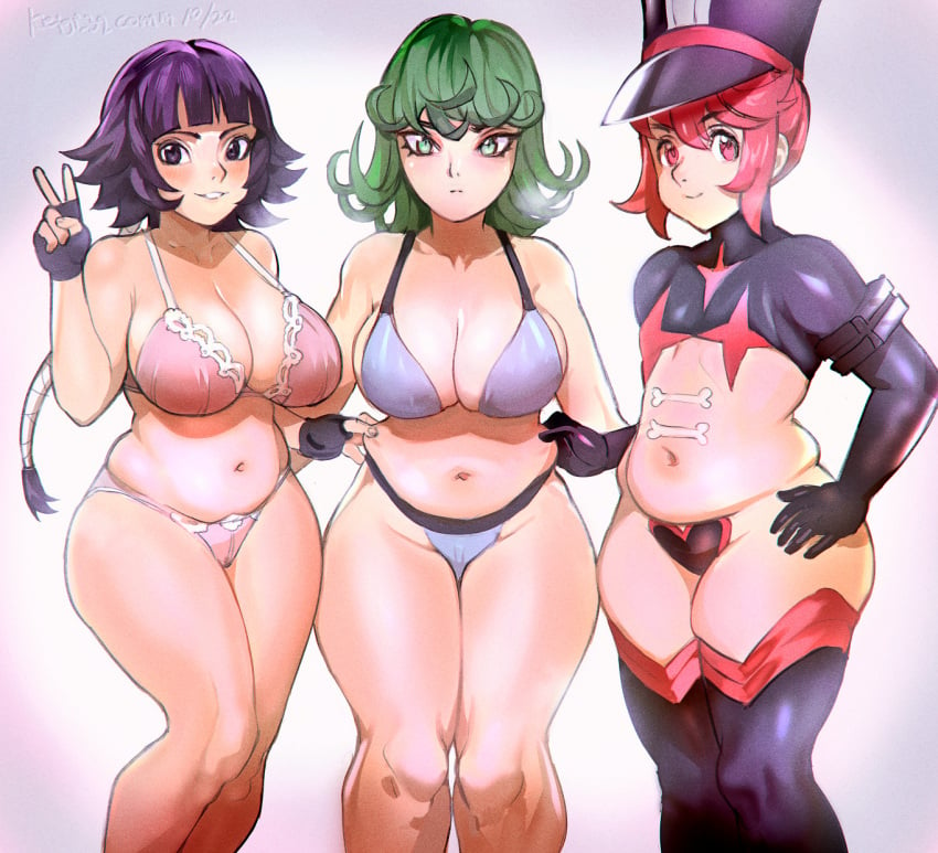 3girls alternate_body_type alternate_breast_size belly big_breasts bikini bleach bra breasts chubby chubby_belly chubby_female crossover eye_contact female female_only flat_chest green_eyes green_hair hat jakuzure_nonon keigi_(artist) kill_la_kill large_breasts lingerie long_hair looking_at_viewer multiple_girls one-punch_man panties pink_eyes pink_hair purple_eyes purple_hair short_hair shounen_jump small_breasts soifon standing swimsuit tatsumaki thick_thighs thighs twintails