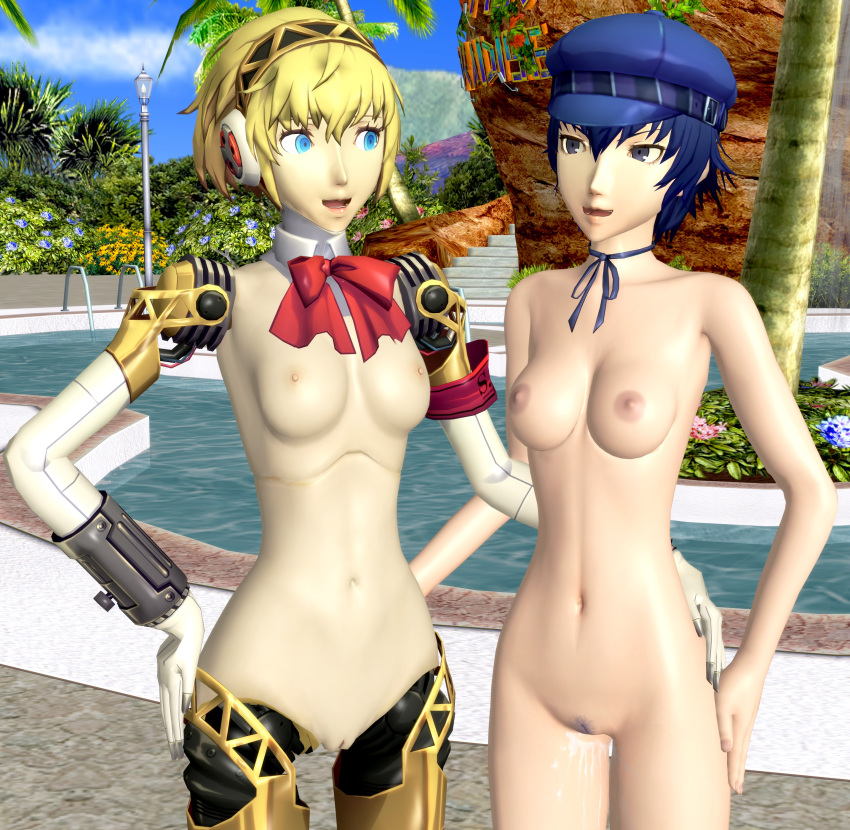 2girls 3d aigis_(persona) atlus blue_hair breasts casual exposed_torso female female_only headwear human mechanical naked neckwear nipples nude pale_skin persona persona_3 persona_4 ponhiki robot shirogane_naoto tagme tomboy xnalara