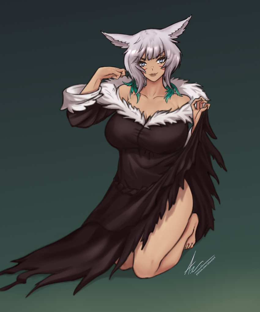 1girls allanel cat_ears dress feather_hair_ornament feathers female female_only final_fantasy final_fantasy_xiv kneeling large_breasts light-skinned_female light_skin looking_at_viewer miqo'te smiling_at_viewer solo solo_female solo_focus square_enix tagme very_high_resolution whisker_markings white_eyes white_hair y'shtola y'shtola_rhul