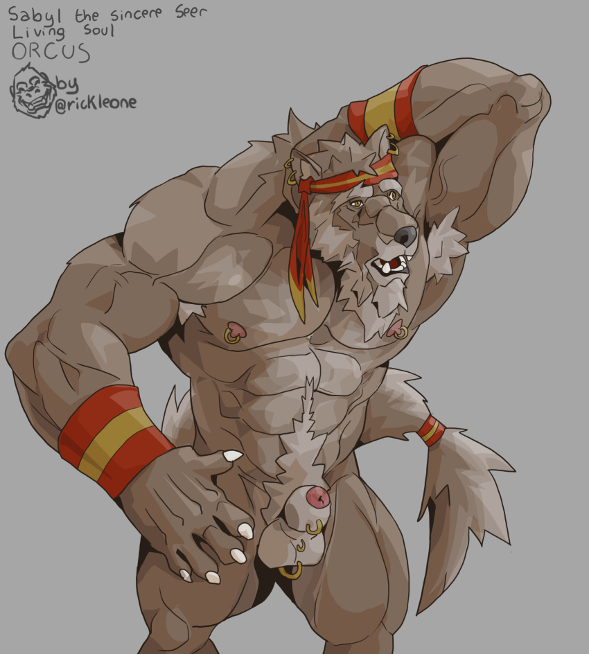 barazoku canid canine canis genital_piercing genitals hi_res male mammal muscular nipple_piercing nipples orcus_challenge penis penis_piercing piercing rickleone wolf