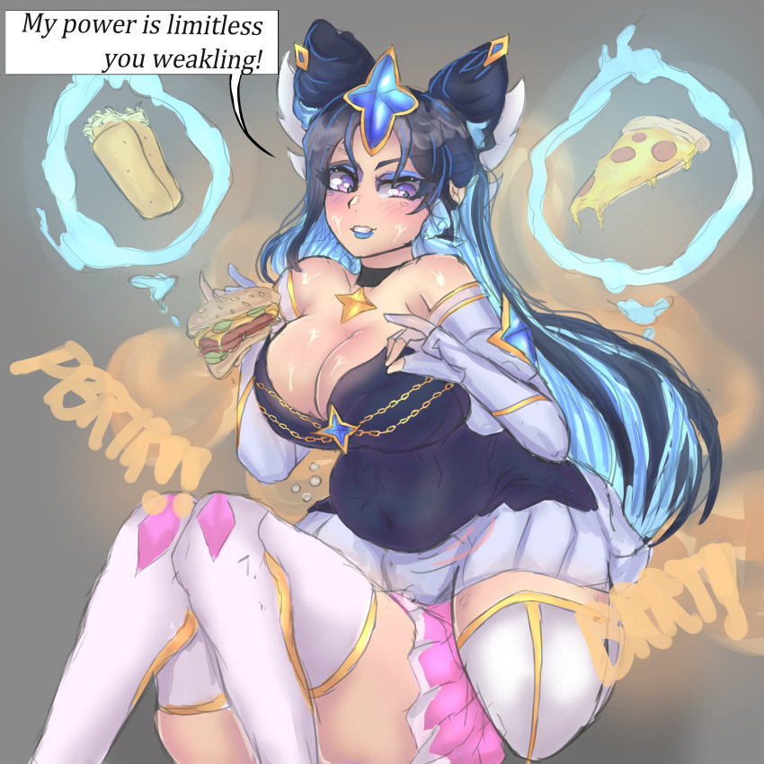 burger chubby dialogue duo eating_food facesitting fart fart_fetish league_of_legends melonarts2_(artist) quinn riot_games star_guardian_quinn star_guardian_syndra star_guardian_syndra_prestige_edition sweating syndra