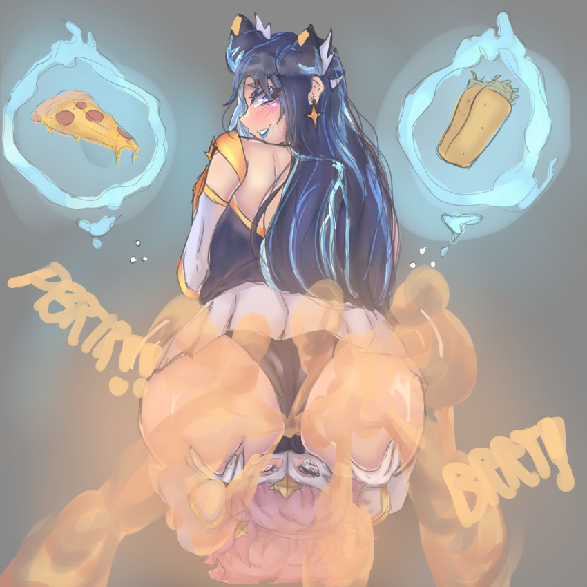 duo eating_food facesitting fart fart_fetish league_of_legends melonarts2_(artist) quinn riot_games star_guardian_quinn star_guardian_syndra star_guardian_syndra_prestige_edition sweat sweaty_butt syndra