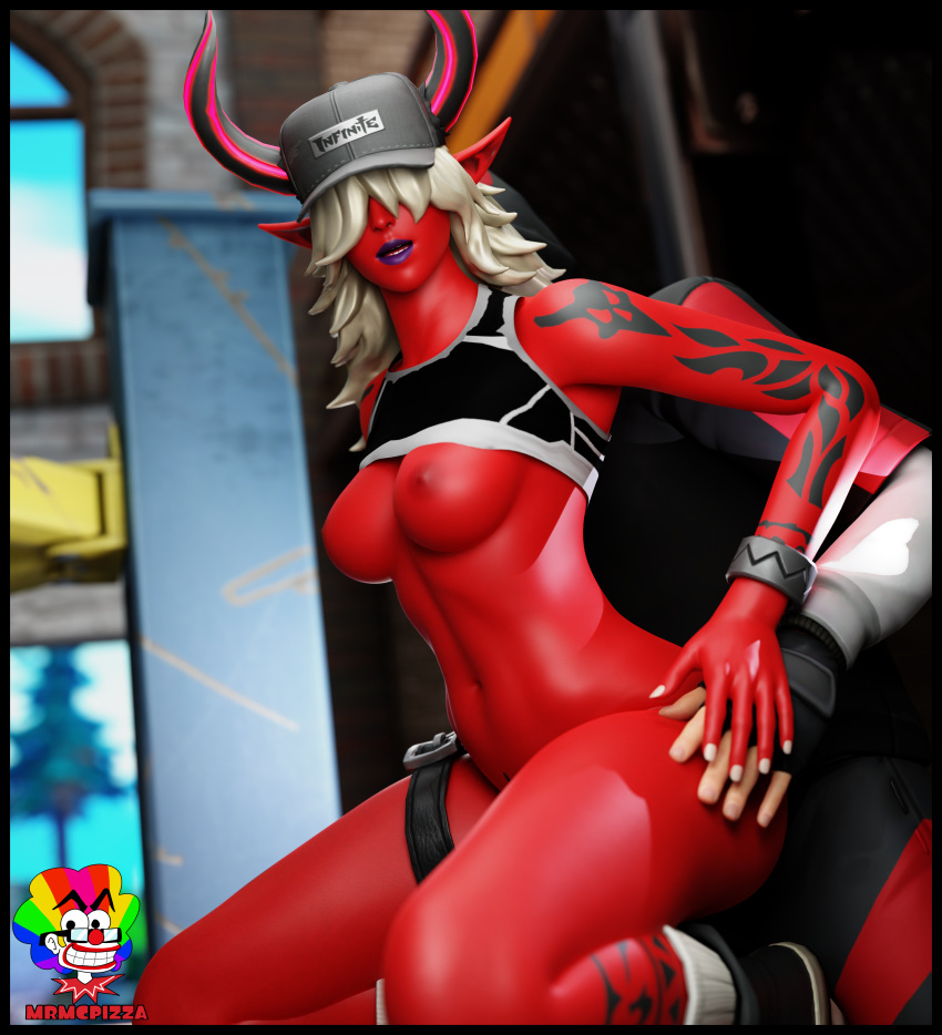 3d big_breasts bra clothed_sex demon demon_girl desdemona_(fortnite) fortnite hat mrmcpizza red_body red_skin underwear white_hair