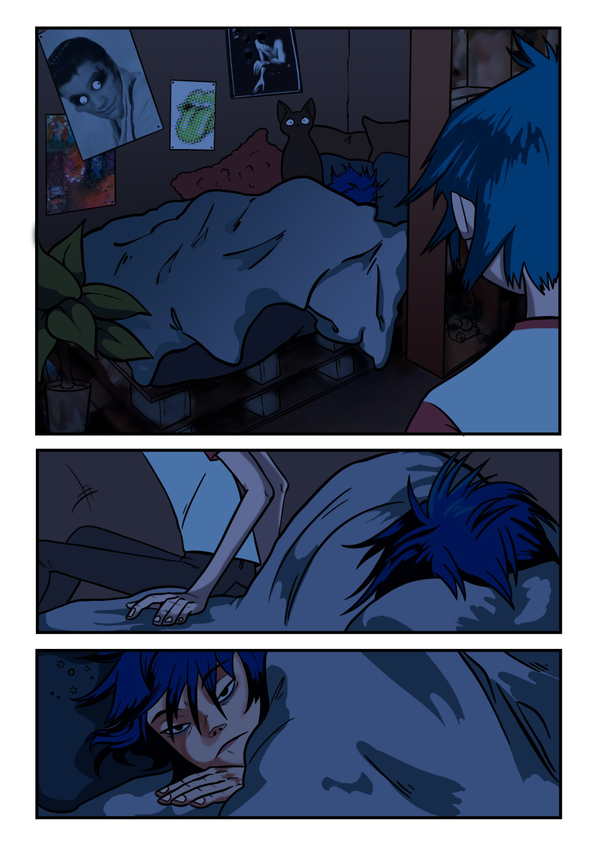 1boy 1boy1girl 1girls 2d_(gorillaz) absurd_res asleep bedroom black_hair blanket blue_hair cat color_edit comic comic_page eyes_half_open female gorillaz hi_res in_bed male messy_hair noodle_(gorillaz) older_male possessed possession rhythmwhirlpool sitting sitting_on_bed sleeping sneaking tagme under_covers waking_up