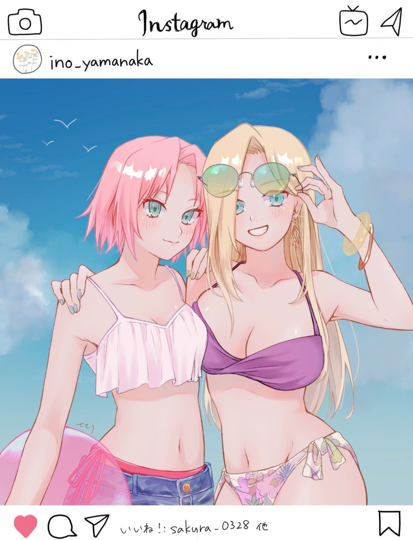 2girls asymmetrical_docking ball beachball bikini bikini_under_clothes blonde_hair blue_eyes blue_nails blush bracelet breast_size_difference breasts busty character_name cleavage closed_mouth collarbone docking female female_only friends green_nails grin hair_tubes hand_on_another's_shoulder highres ino_yamanaka instagram jewelry large_breasts long_hair looking_at_viewer manbou_0328 medium_breasts mismatched_bikini multiple_girls nail_polish naruto naruto_(series) naruto_shippuden navel pink_hair purple_bikini red_bikini revealing_swimsuit sakura_haruno shiny shiny_hair short_hair side-tie_bikini_bottom smile swimsuit very_long_hair