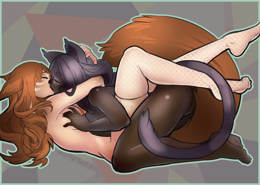 2girls abysmal0 animal_ears bushy_tail closed_eyes female female_only final_fantasy final_fantasy_xiv groping happy happy_sex interracial kemonomimi kissing long_hair miqo'te multiple_girls sex yuri