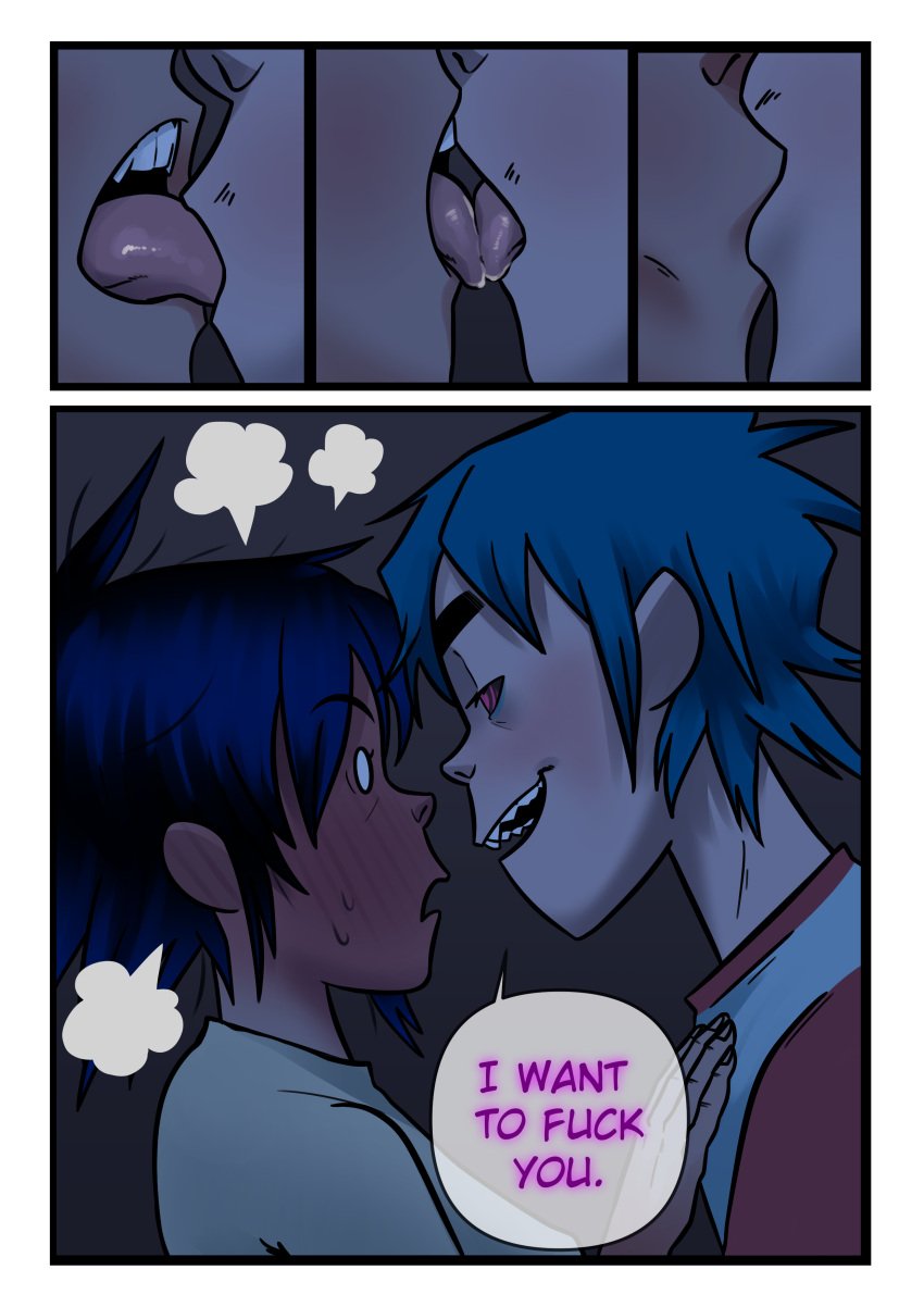 1boy 1boy1girl 1girls 2d_(gorillaz) absurd_res blue_hair blushing color_edit comic comic_page controlled dialogue female flustered french_kiss gorillaz hi_res imminent_sex kissing male mind_control noodle_(gorillaz) o_o older_male overwhelmed possessed possession profanity rhythmwhirlpool sex shocked short_hair steaming swirly_eyes tagme tongue tongue_kiss