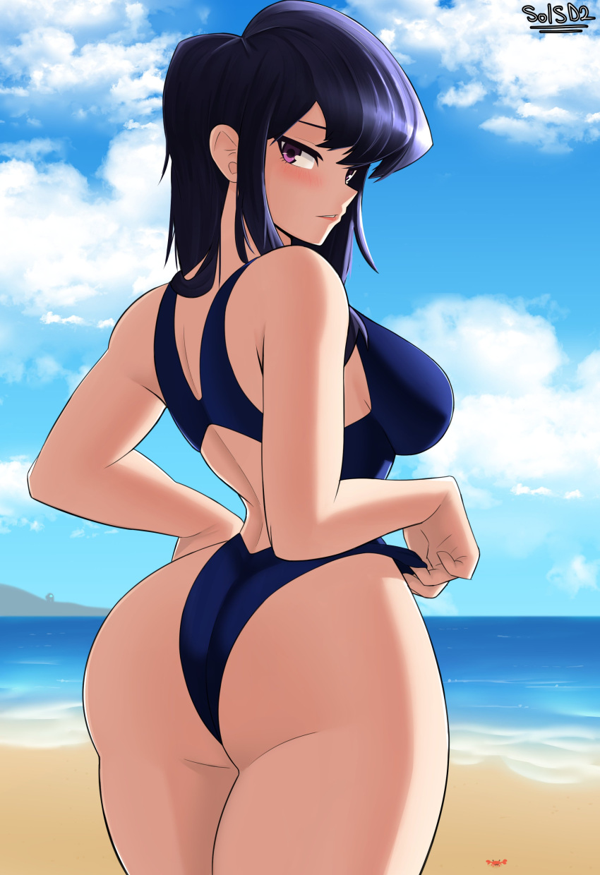 1girls asian asian_female ass back_view beach big_ass bikini breasts dat_ass eye_contact female female_only komi-san_wa_komyushou_desu komi_shouko light_skin long_hair looking_at_viewer looking_back purple_eyes purple_hair sideboob sol-sama_d2 solo standing swimsuit thick_thighs