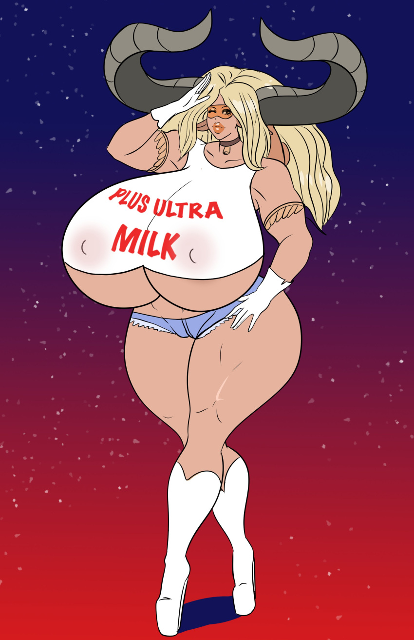 1girls annon bimbo blonde_hair choker cow_lady_(my_hero_academia) cowbell cowgirl erect_nipples high_heels horns huge_breasts my_hero_academia orange_lipstick salute solo superheroine thick_lips wink