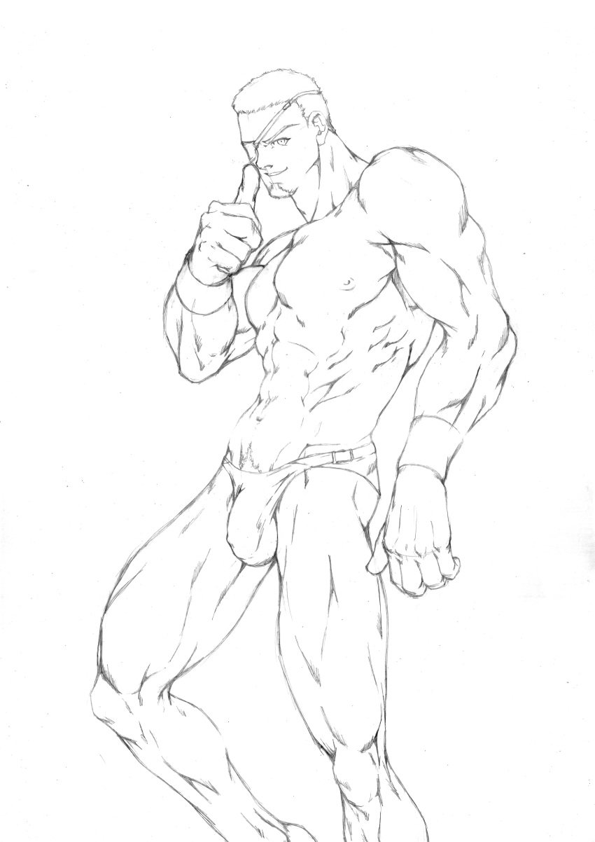 1boy 2009 bara blank_background briefs bulge chin_beard eye_patch eyepatch handband king_of_fighters male male_focus male_only monochrome muscular muscular_male no_color pubic_hair ramon_(kof) sakuseii sink sketch solo solo_focus solo_male swim_trunks swimming_trunks swimwear tagme thong white_fur