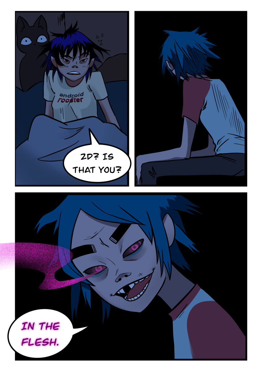 1boy 1boy1girl 1girls 2d_(gorillaz) absurd_res asian asian_female bedroom black_hair blanket blue_hair cat color_edit comic comic_page dark_eyes dialogue female gorillaz groggy half-closed_eyes hi_res male messy_hair mind_control noodle_(gorillaz) older_male possessed possession rhythmwhirlpool short_hair sitting sitting_on_bed small_breasts sneaking sneaky stubble swirly_eyes tagme text waking_up