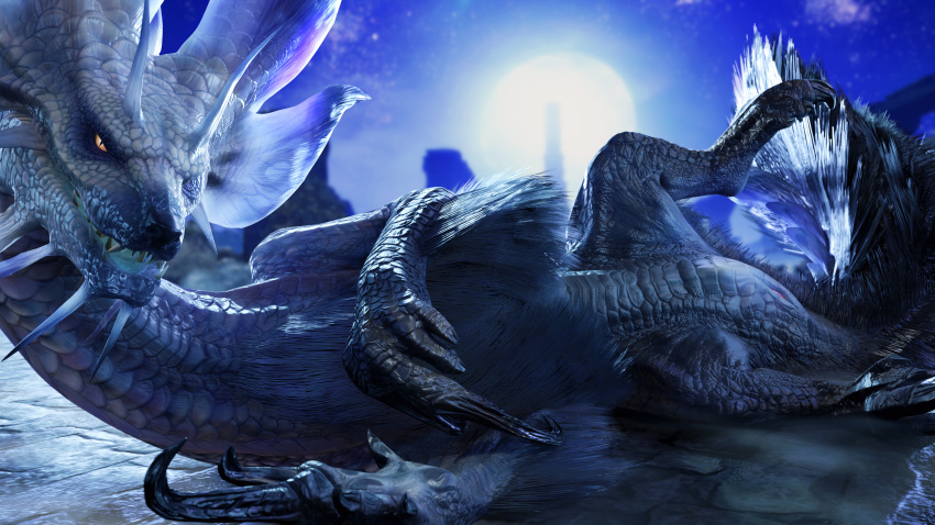 16:9 3d_(artwork) 4k absurd_res animal_genitalia blue_body capcom claws cloaca detailed_background digital_media_(artwork) feet female feral fin fluffy fluffy_tail fur genitals grey_body grey_fur hair hi_res ivorylagiacrus leviathan_(mh) looking_at_viewer lying mizutsune monster_hunter moon multicolored_body multicolored_fur night on_ground on_side open_mouth orange_eyes outside presenting presenting_cloaca pupils purple_body purple_fur ruins scales scalie seductive sharp_claws sharp_teeth sky slit slit_pupils solo spread_legs spreading teeth toe_claws tower tuft video_games violet_mizutsune white_body widescreen