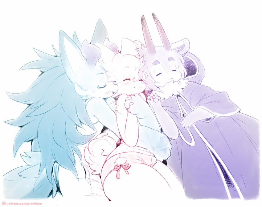 2_horns anthro blue_body blue_fur blue_hair blush blush_lines bottomwear cloak closed_eyes clothing fur girly group hair hand_holding hi_res horn male male/male mammal moffle_(species) onion_(powfooo) powfooo purple_body purple_fur purple_hair shorts sleeping smile spice_(powfooo) tan_body tan_fur tan_hair translucent trio wander_(powfooo)