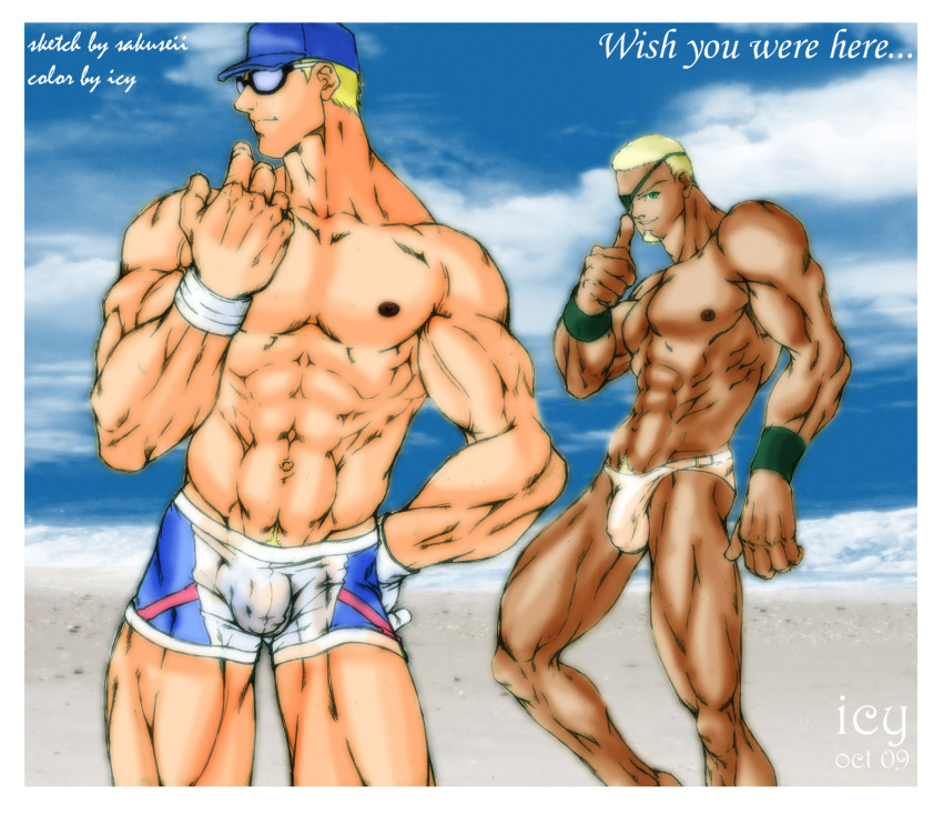 2009 2boys bara beach black_eye_patch black_eyepatch blonde_hair blonde_pubic_hair blue_cap blue_sky boxer_briefs boxers boxers_(clothing) boxers_only briefs briefs_only bulge bulge_through_clothing cap chin_beard clark_still cloud clouds english_text eye_patch eyepatch gay glasses green_eyes handband high_resolution highres human icyhugs ikari_warriors king_of_fighters light-skinned light-skinned_male light_skin male male_focus male_only muscle muscles muscular muscular_male no_shirt pubic_hair ramon_(kof) sakuseii sand shirtless signature sky snk tagme tan tan-skinned_male tan_body tan_skin text white_briefs yaoi