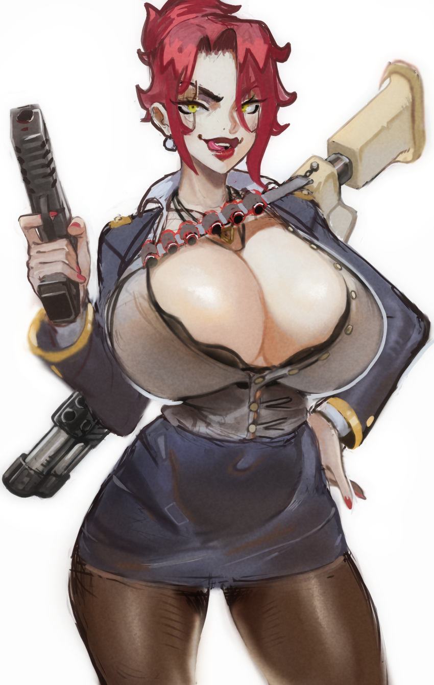 cleavage cyberpunk gun huge_breasts licking_lips lipstick necklace neroartbox red_hair shotgun skirt thick_lips vlora_"corpocunt" yellow_eyes