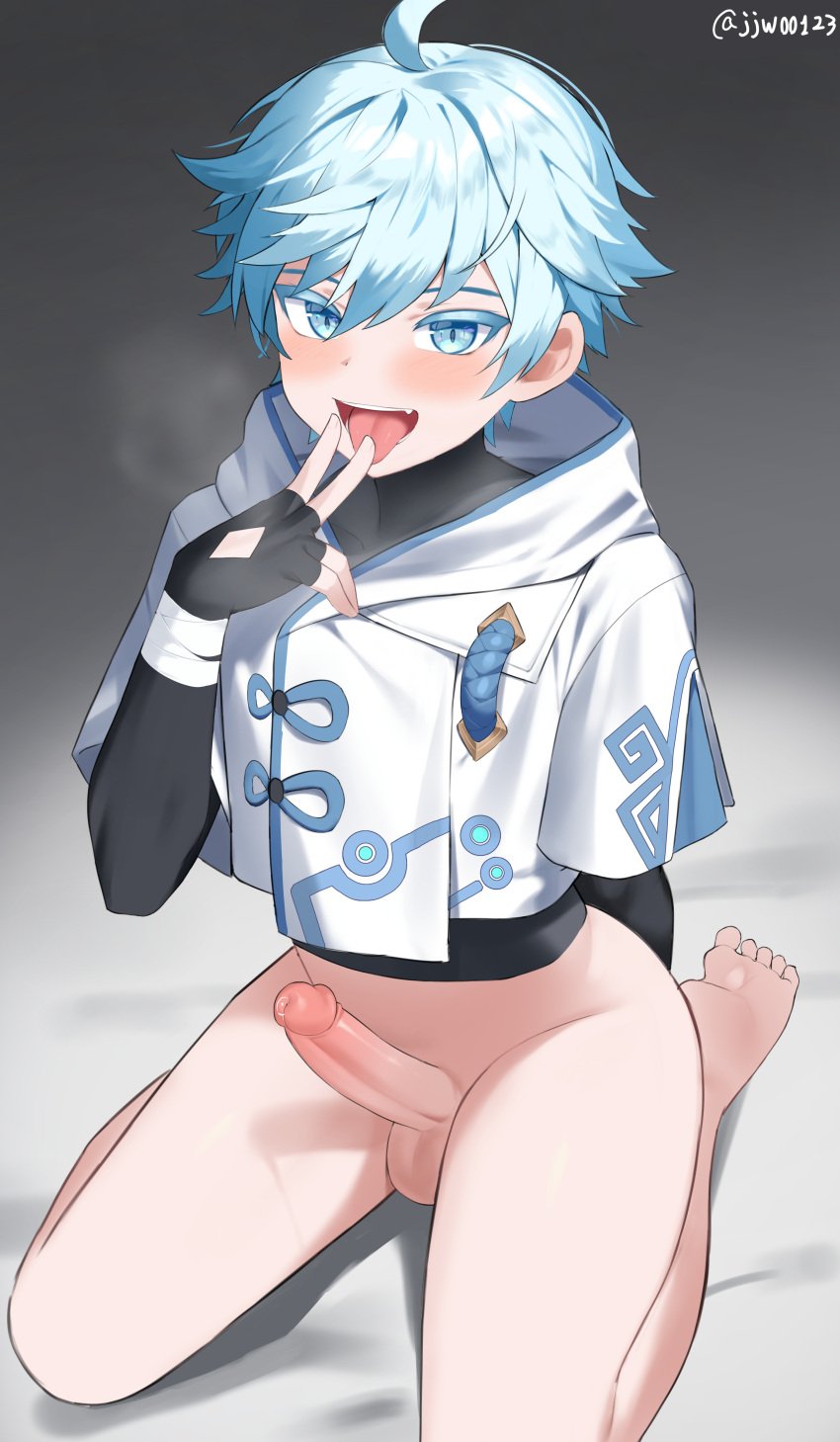 1boy absurd_res balls blue_eyes blue_hair blush bottomless chongyun_(genshin_impact) erection eye_contact feet femboy feminine_male fingerless_gloves g1_(artist) genshin_impact girly gloves half-closed_eyes high_resolution kneeling light_skin looking_at_viewer looking_pleasured male male_only penis short_hair solo testicles thighs toes