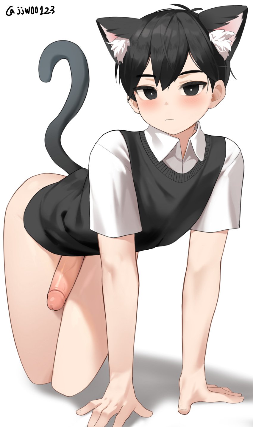 1boy absurd_res all_fours ass big_penis black_hair blush bottomless cat_ears cat_tail emotionless eye_contact femboy g1_(artist) girly high_resolution humanoid light-skinned_male light_skin looking_at_viewer male male_only omori penis solo sunny_(omori) tail thighs twink uncensored