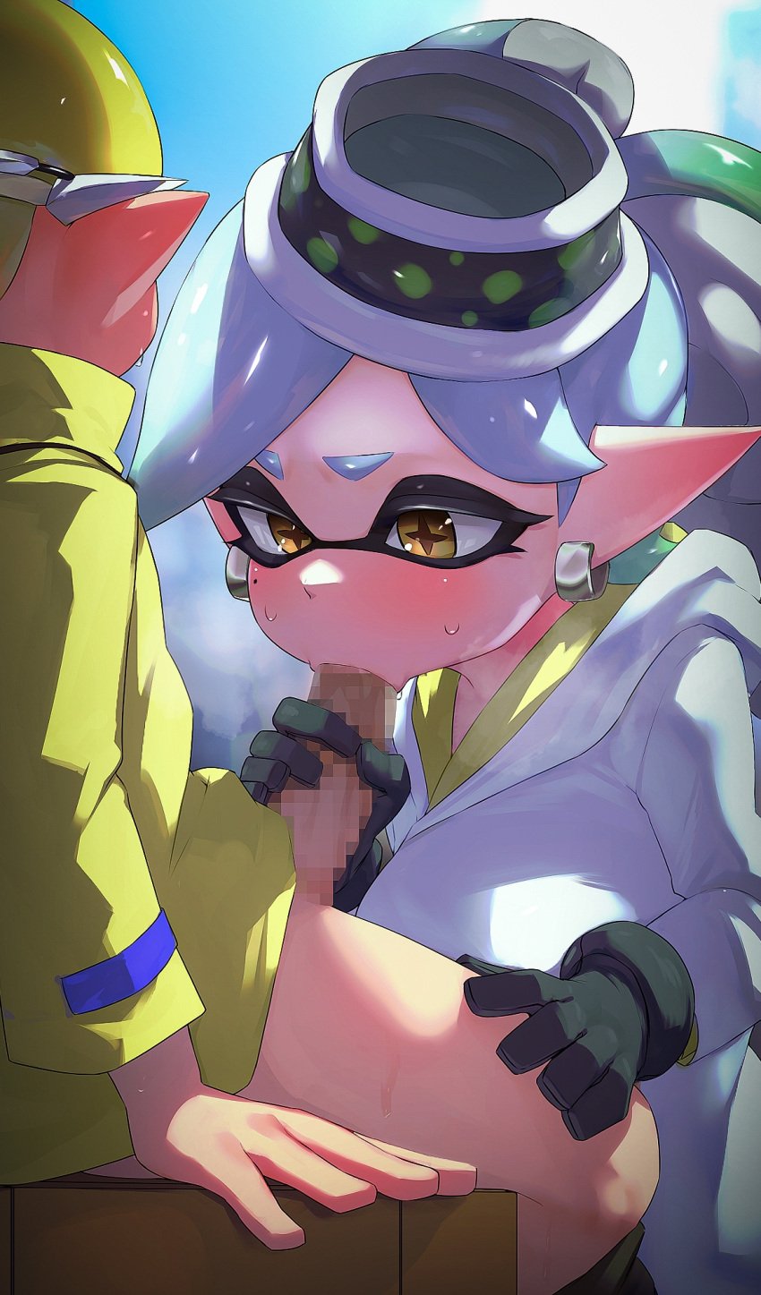 1boy 1girls agent_3_(splatoon_3) beauty_mark black_gloves blowjob bottomless_male censored censored_penis clothed clothed_female facial_markings fellatio female gloved_handjob gloves hair_ornament handjob hi_res hizake inkling inkling_boy inkling_girl kashu_(hizake) large_penis light-skinned_female light_skin male marie_(alterna) marie_(splatoon) mole_under_eye mosaic_censoring new_agent_3_(splatoon) nintendo penis pointy_ears splatoon splatoon_(series) splatoon_3 tentacle_hair tied_hair white_hair yellow_eyes yellow_hair