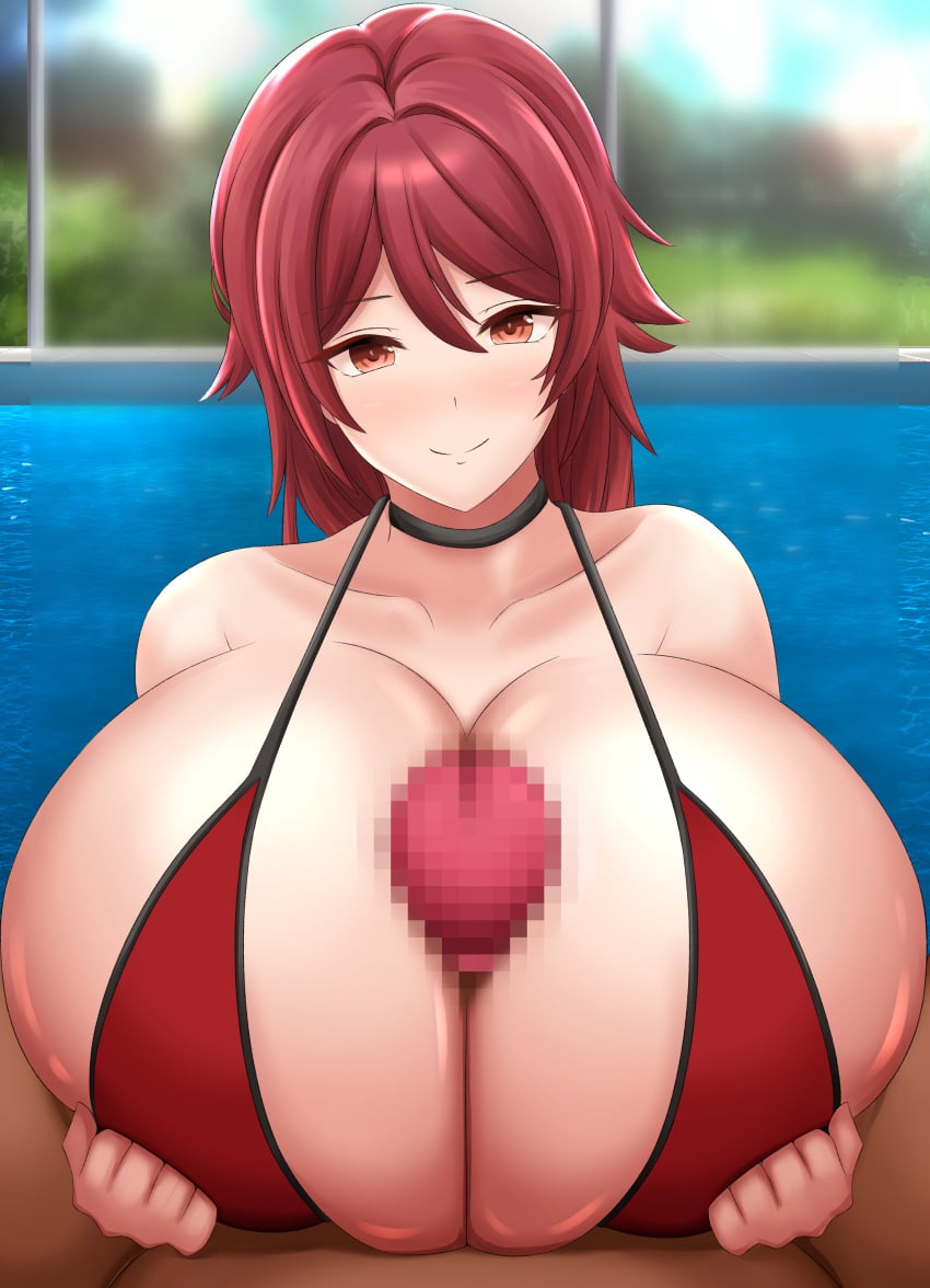 1boy 1girls big_breasts bikini breasts censored dark-skinned_male dark_skin enormous_breasts female giant_breasts gigantic_breasts huge_breasts hyper_breasts large_breasts light-skinned_female light_skin male mameneko massive_breasts paizuri penis_between_breasts pov red_hair short_hair swimming_pool swimsuit tip_peeking titjob