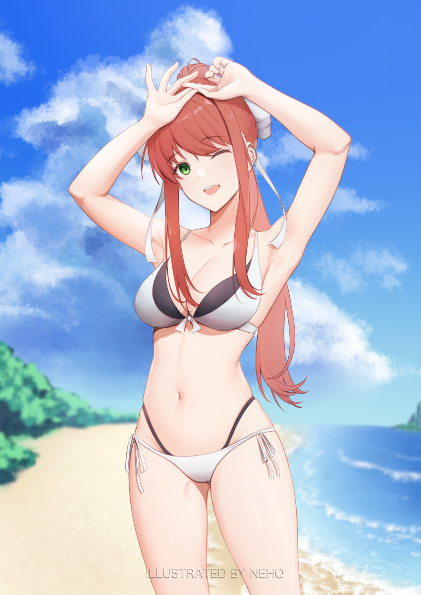 1girls arms_up beach bow brown_hair clouds doki_doki_literature_club female green_eyes looking_at_viewer monika_(doki_doki_literature_club) neho-kun ocean open_mouth ponytail sand sky solo swimsuit swimsuit_bottom swimsuit_top water white_bow winking winking_at_viewer