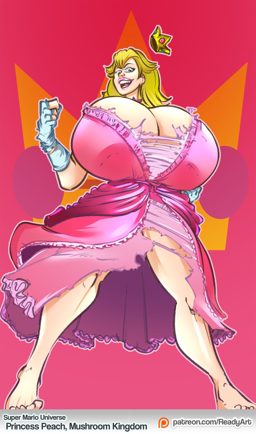 1girls alternate_breast_size big_breasts big_lips blonde_hair blue_eyes breast_expansion breasts clothing_damage crown female gigantic_breasts huge_breasts large_breasts mario_(series) massive_breasts nintendo open_mouth princess_peach readyart ripped_clothing ripped_dress shiny_ass shiny_breasts shiny_butt shiny_hair shiny_skin teeth teeth_showing yellow_hair