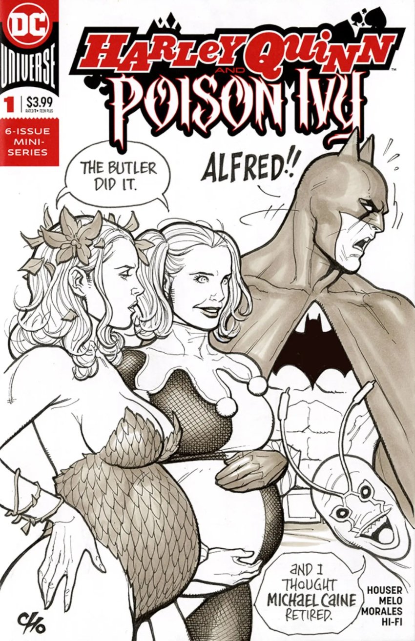 2boys 2girls ambush_bug batman batman_(series) belly big_belly big_breasts breasts cleavage comic_cover dc dc_comics dialogue female female_focus frank_cho hand_on_belly harley_quinn male multiple_pregnancies poison_ivy pregnant sideboob text