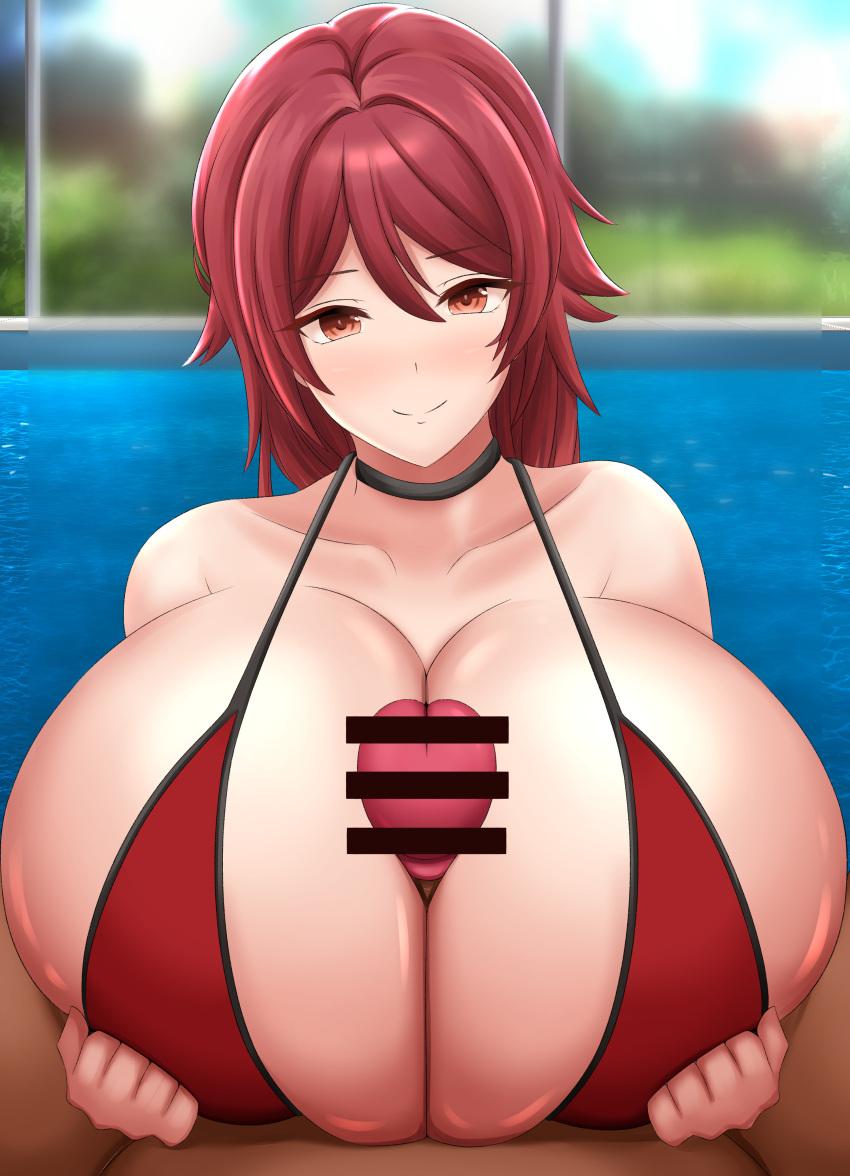 1boy 1girls big_breasts bikini breasts censor_bar dark-skinned_male dark_skin enormous_breasts female giant_breasts gigantic_breasts huge_breasts hyper_breasts large_breasts light-skinned_female light_skin male mameneko massive_breasts paizuri penis_between_breasts red_hair short_hair swimming_pool swimsuit titjob