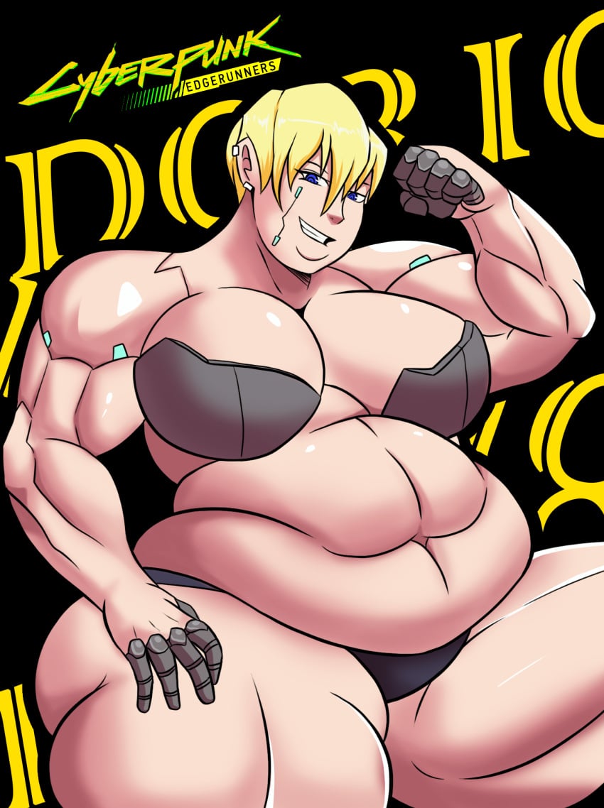 abs bbw belly big_belly big_breasts blonde_hair breasts cyberpunk:_edgerunners cyberpunk_2077 dorio_(edgerunners) fat female flexing large_breasts musclegut muscular muscular_female muscular_thighs overweight roxas617 short_hair sideboob smile strongfat thick_thighs thighs