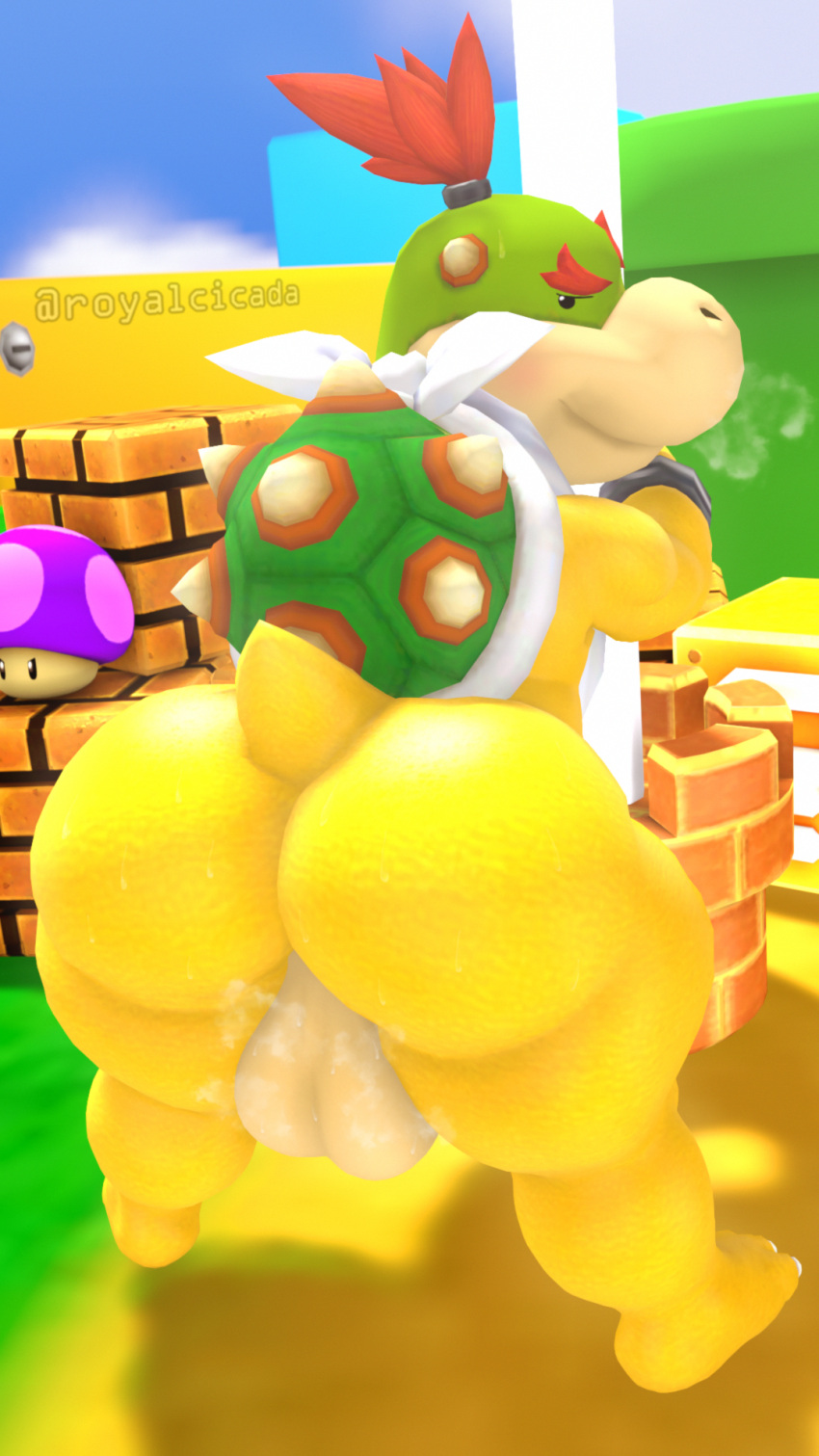 1boy 3d 3d_(artwork) anthro ass balls bandana big_balls big_butt blush bodily_fluids bowser_jr. digital_media_(artwork) flagpole genitals glistening glistening_body glistening_skin hair hi_res kerchief koopa leaning leaning_forward looking_at_viewer looking_back male male_only mario_(series) musk musk_clouds nintendo outside red_hair royal_cicada royalcicada scalie shell smile solo source_filmmaker super_mario_bros. sweat thick_thighs video_games yellow_body