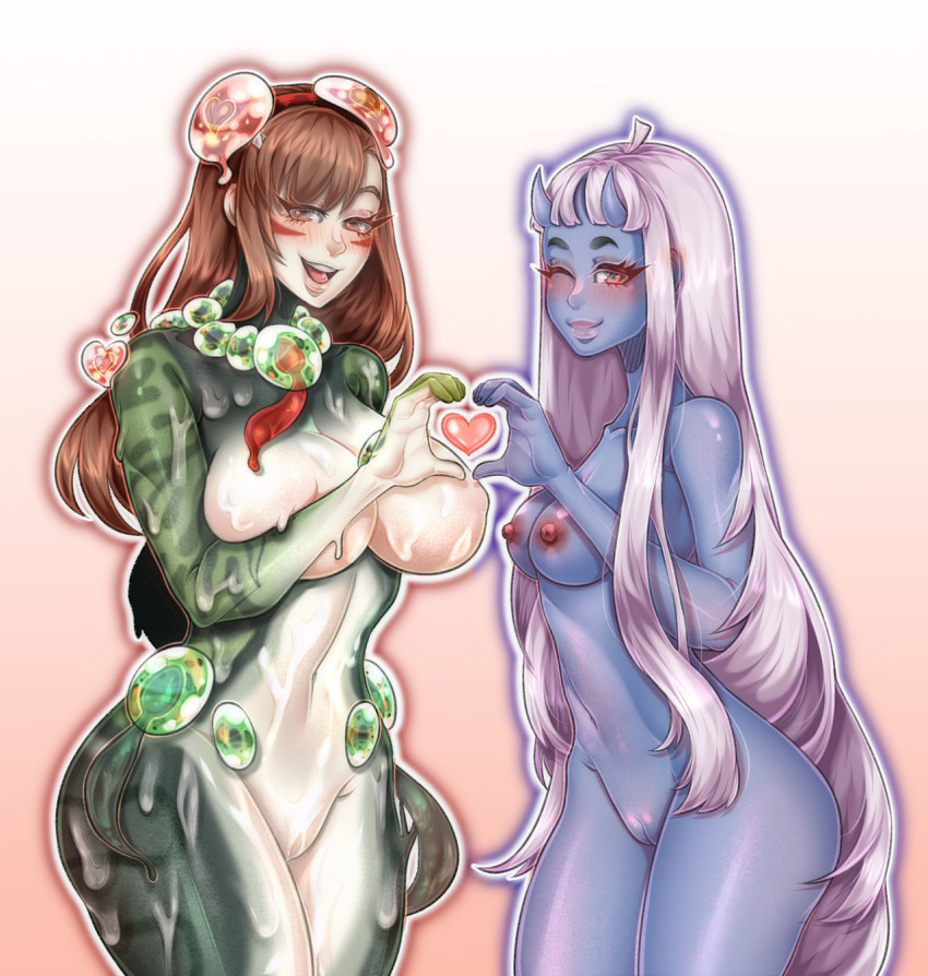 2girls aged_up aminskiy blue_oni blue_skin breast_press brown_hair commission commissioner_upload demon_girl dripping female female_only frog_girl gradient_background green_skin heart heart_hands highres horns large_breasts long_hair looking_at_viewer medium_breasts misaka_mikoto monster_girl monster_girl_encyclopedia mucus_toad_(monster_girl_encyclopedia) multicolored_skin multiple_girls naked necklace oni oni_horns open_mouth original_character purple_hair slime tadpole to_aru_kagaku_no_railgun to_aru_majutsu_no_index wink yuri