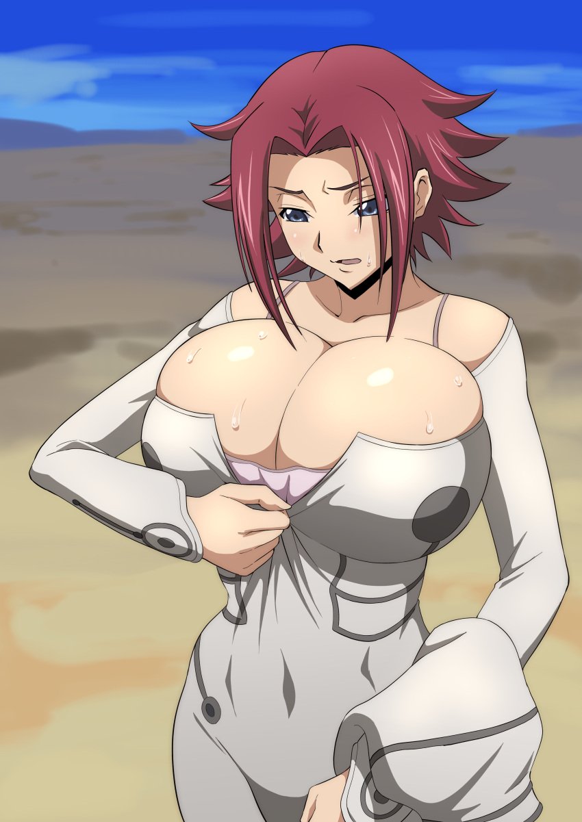 1girls big_breasts breasts cleavage code_geass huge_breasts iwao178 kallen_stadtfeld large_breasts red_hair short_hair solo_female solo_focus thigh_clothes tight_clothing