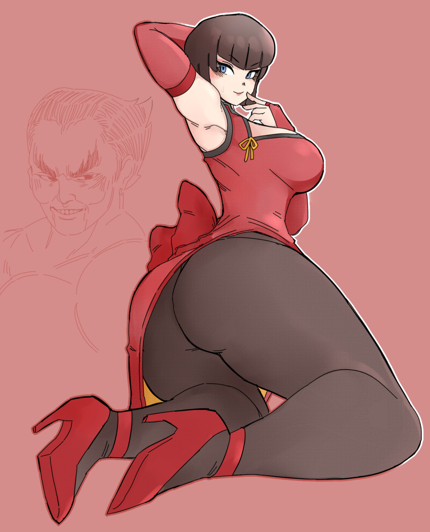 1boy 1girls anna_williams armpits ass ass_focus ass_shot bamman big_ass big_breasts big_thighs blue_eyes bob_cut brown_hair character_request chinese_clothes chinese_dress dat_ass female female_only high_heels hips huge_ass irish kneeling legs namco pantyhose red_dress short_hair tekken thick_ass thick_thighs