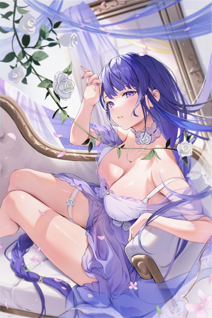 1girls beauty_mark braided_hair breasts female genshin_impact hi_res houk1se1 houkiboshi_(mmjw7432) huge_breasts light-skinned_female light_skin long_hair mole_under_eye nail_polish purple_eyes purple_hair purple_nail_polish raiden_shogun slim_waist thick_thighs thighs