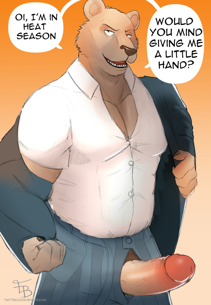 2022 anthro beastars big_muscles big_penis bottomwear brown_bear clothed clothing dialogue dress_shirt english_text erect_penis erection fur genitals gradient_background hi_res humanoid_genitalia humanoid_penis in_rut inviting jacket jayjay_(artist) looking_at_viewer male mammal muscular muscular_anthro muscular_male orange_background pants penis penis_out poking_out riz_(beastars) shirt signature simple_background smile solo standing talking_to_viewer teeth text tongue topwear tuft unzipped ursid ursine