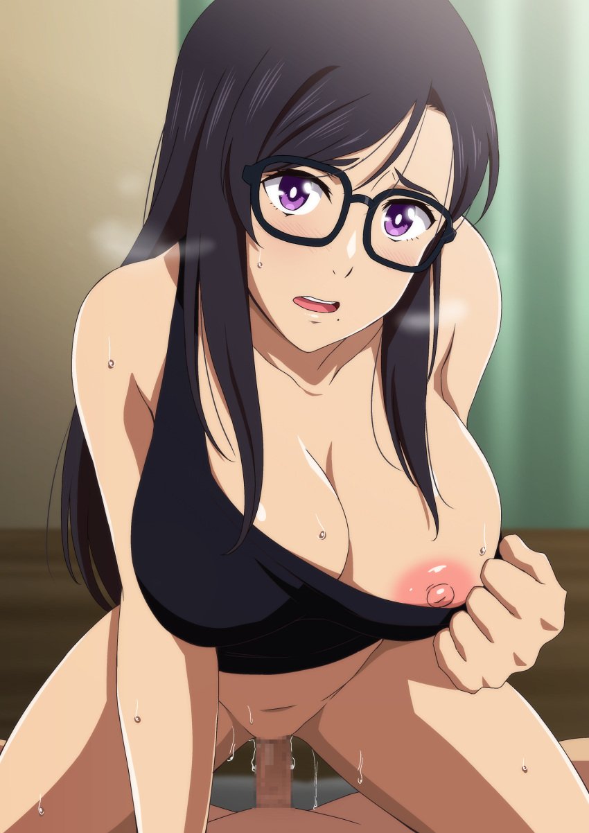 1boy asian asian_female beauty_mark black_hair black_shirt breasts censored clothes_pull cowgirl_position curtains eyewear female glasses hara_(harayutaka) highres indoors large_breasts light-skinned_female light_skin long_hair looking_at_viewer minakata_hizuru mole mole_under_mouth mosaic_censoring navel nipples one_breast_out open_mouth penis pov purple_eyes pussy pussy_juice sex shirt shirt_pull solo_focus straddling straight straight_hair summer_time_render summertime_render sweat tank_top vaginal_penetration violet_eyes