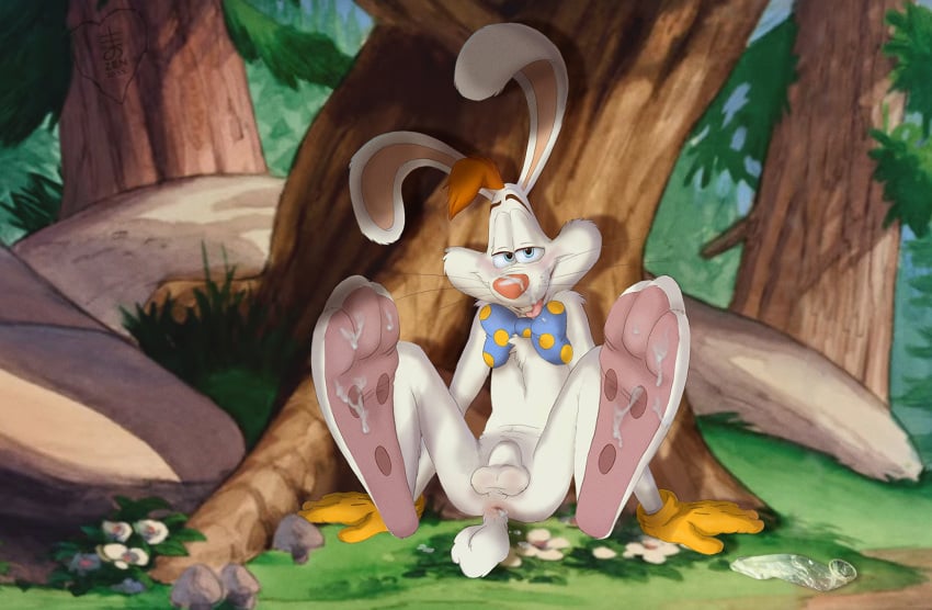 anthro anus balls bodily_fluids bow_tie cum cum_on_feet disney genital_fluids genitals hi_res lagomorph leporid looking_at_viewer male male_only mammal rabbit roger_rabbit solo who_framed_roger_rabbit zenthetiger