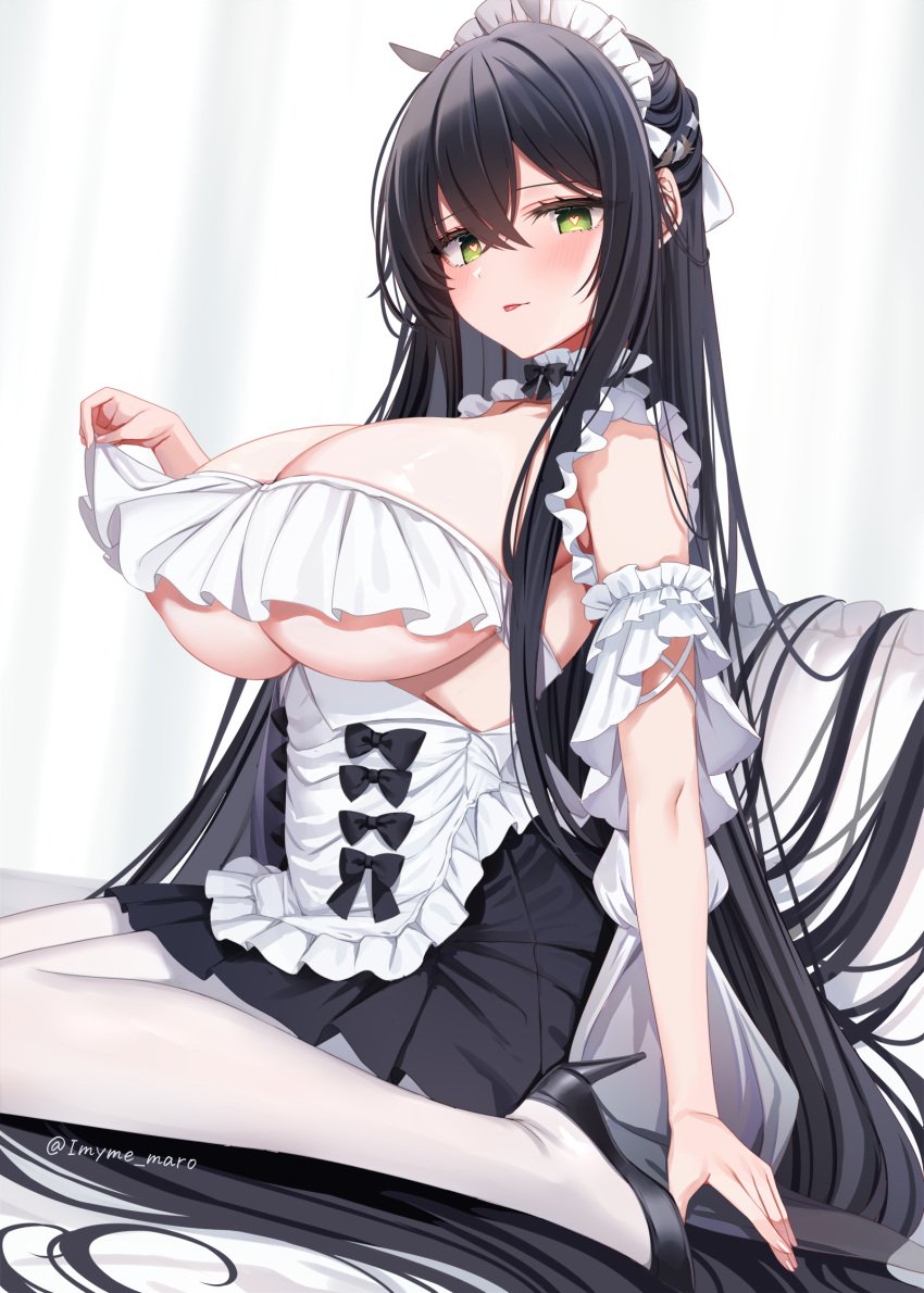 1girls 2022 artist_signature azur_lane black_hair blush breasts cleavage female female_only green_eyes heart-shaped_pupils heels hi_res hips huge_breasts indomitable_(azur_lane) indomitable_(ms._motivationless_maid)_(azur_lane) light-skinned_female light_skin long_hair looking_at_viewer maid maid_headdress maid_outfit maid_uniform marota_(imyme_maro) naughty_face open_mouth royal_navy_(azur_lane) slim_waist solo symbol-shaped_pupils thick_thighs thighs tights wide_hips