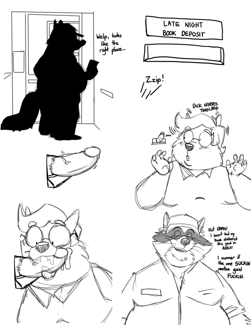 2022 anthro bravo canid canine canis clothing domestic_dog duo english_text erection eyewear genitals glasses hat headgear headwear hi_res male male/male mammal mature_male oral overweight overweight_male penis procyonid raccoon shirt text topwear