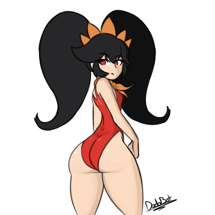 1girls ashley_(warioware) ass back_view dodo-bot flat_chest flat_chested looking_back mario_(series) nintendo one_piece_swimsuit orange_bandanna red_one-piece_swimsuit small_breasts solo wario_(series) warioware