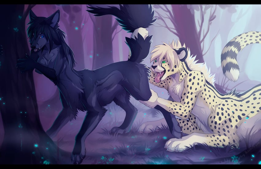 acino black_hair blonde_hair blue_eyes breasts canine cheetah cunnilingus feline fox green_eyes grey_fur hioshiru hioshiru_(character) holding_leg interspecies nude oral oral_sex saliva spots spotted_fur tail_grab taur teeth tongue_out yellow_fur