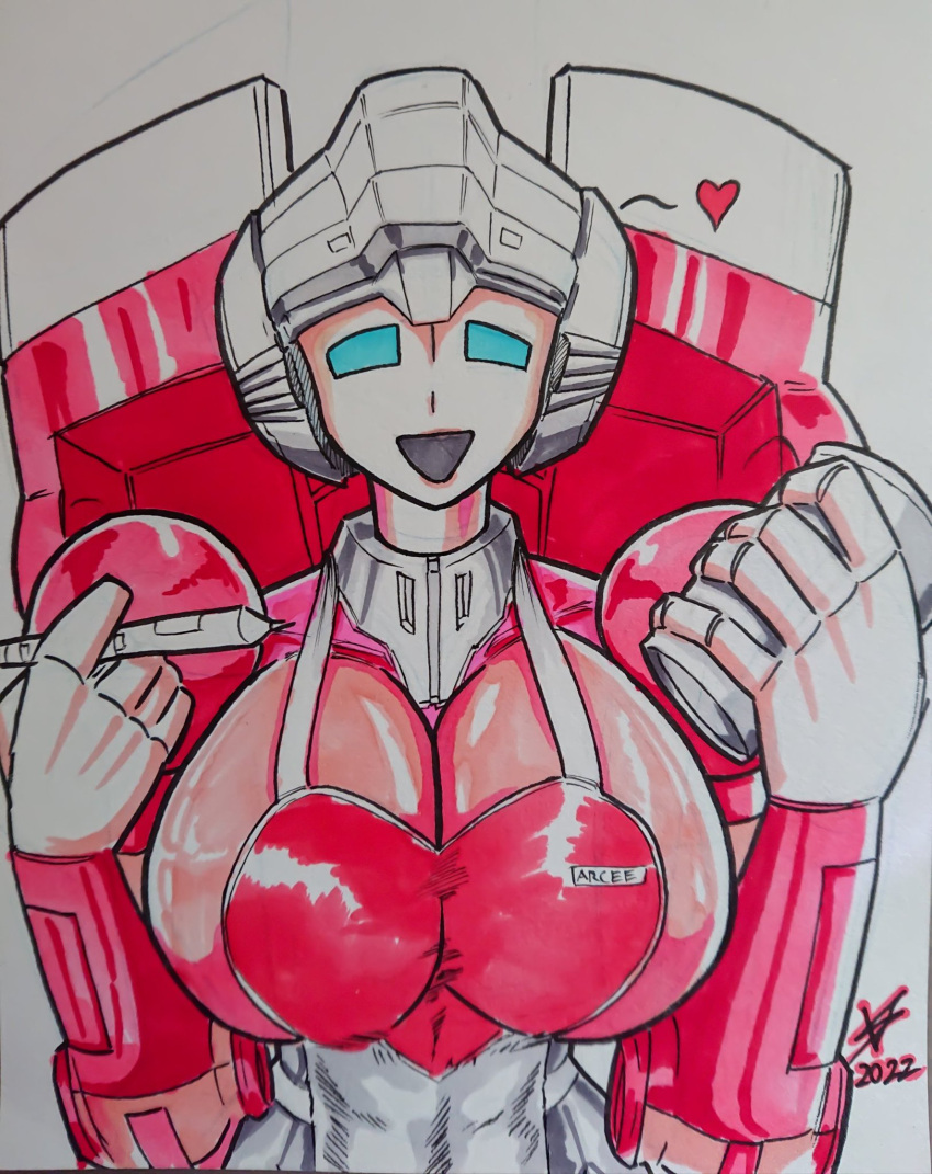 1girls 2022 2d 2d_(artwork) apron apron_only arcee arcee_(g1) artist_signature autobot big_breasts blue_eyes busty cleavage cup cute cybertronian dated female female_autobots female_only heart huge_breasts large_breasts multicolored_body pen sideboob smile sole_female solo traditional_media_(artwork) transformers transformers_g1 upper_body ventis2099_(artist) waitress